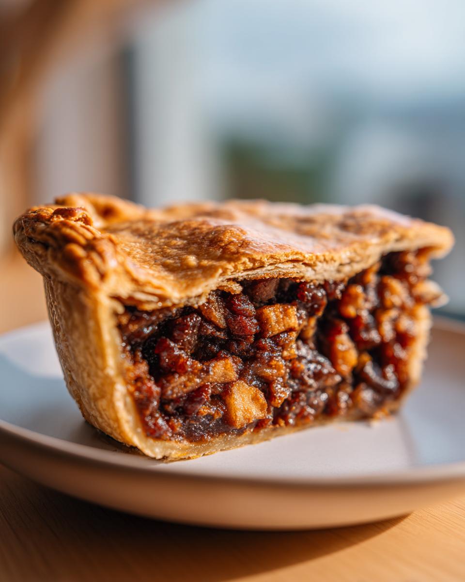 Close-up of a thick slice of old fashioned mincemeat pie showing rich, chunky filling and flaky golden crust.