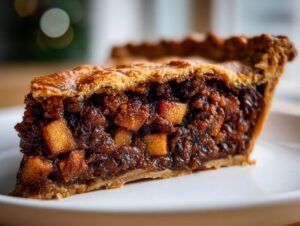 A close-up, cross-section view of a thick slice of old fashioned mincemeat pie showing rich, chunky filling.