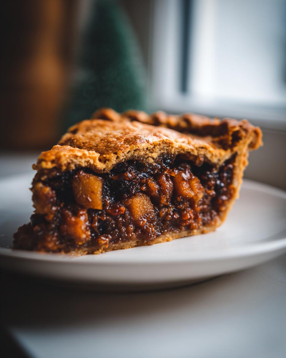 Close-up of a rich slice of old fashioned mincemeat pie showing the chunky fruit filling and golden crust.