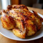 A beautifully roasted whole chicken with golden, crispy, herb-seasoned skin resting on a white plate.