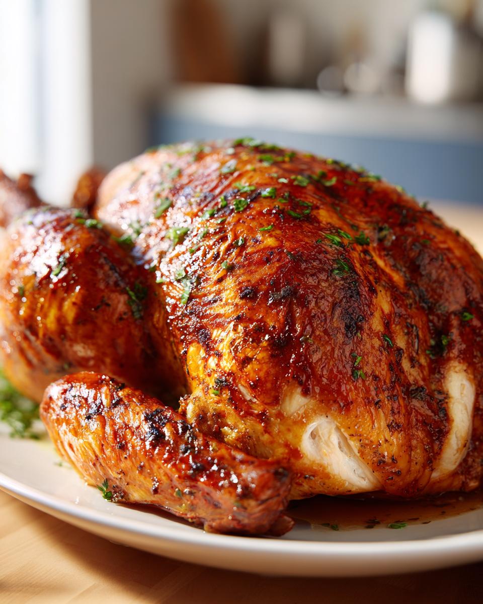 A beautifully roasted turkey with deeply browned, glossy skin, garnished with fresh herbs.