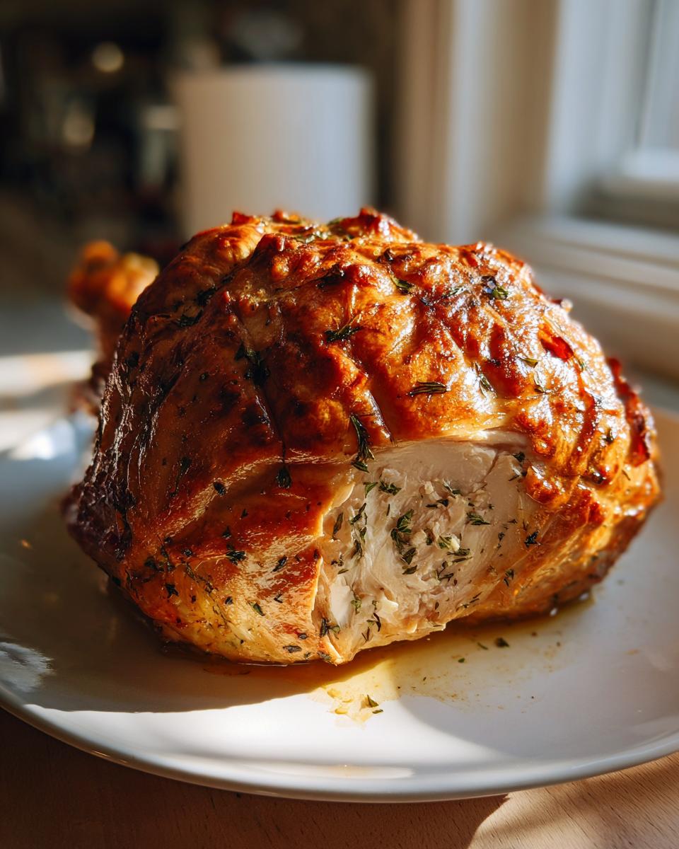 A close-up of a perfectly roasted turkey breast, sliced to show juicy white meat seasoned with herbs.