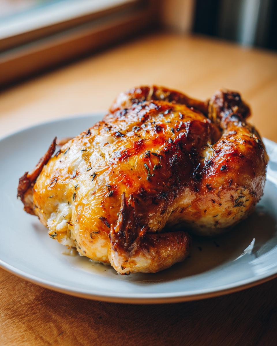 A perfectly roasted whole chicken with golden, crispy, herb-seasoned skin resting on a light plate.