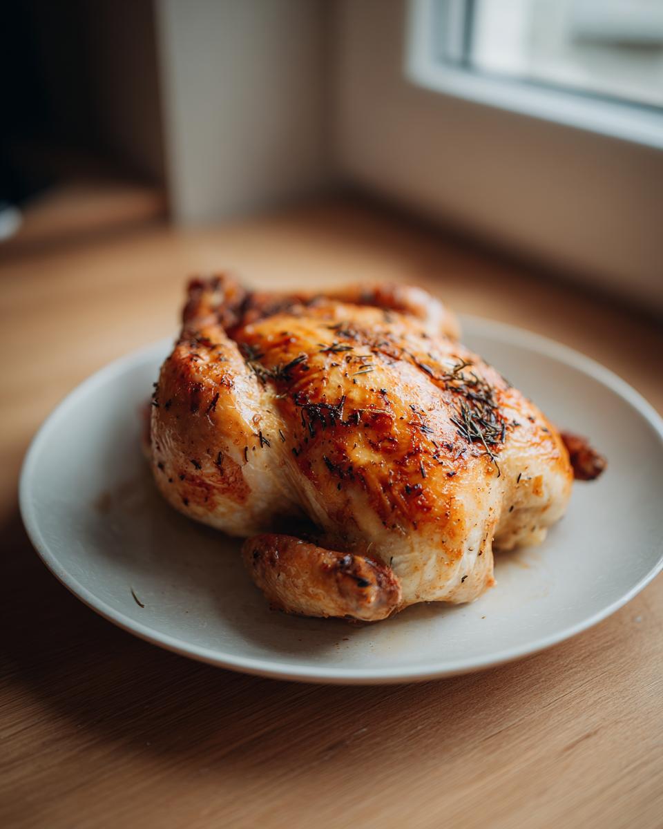 A golden brown, perfectly roasted whole chicken seasoned with herbs resting on a white plate.