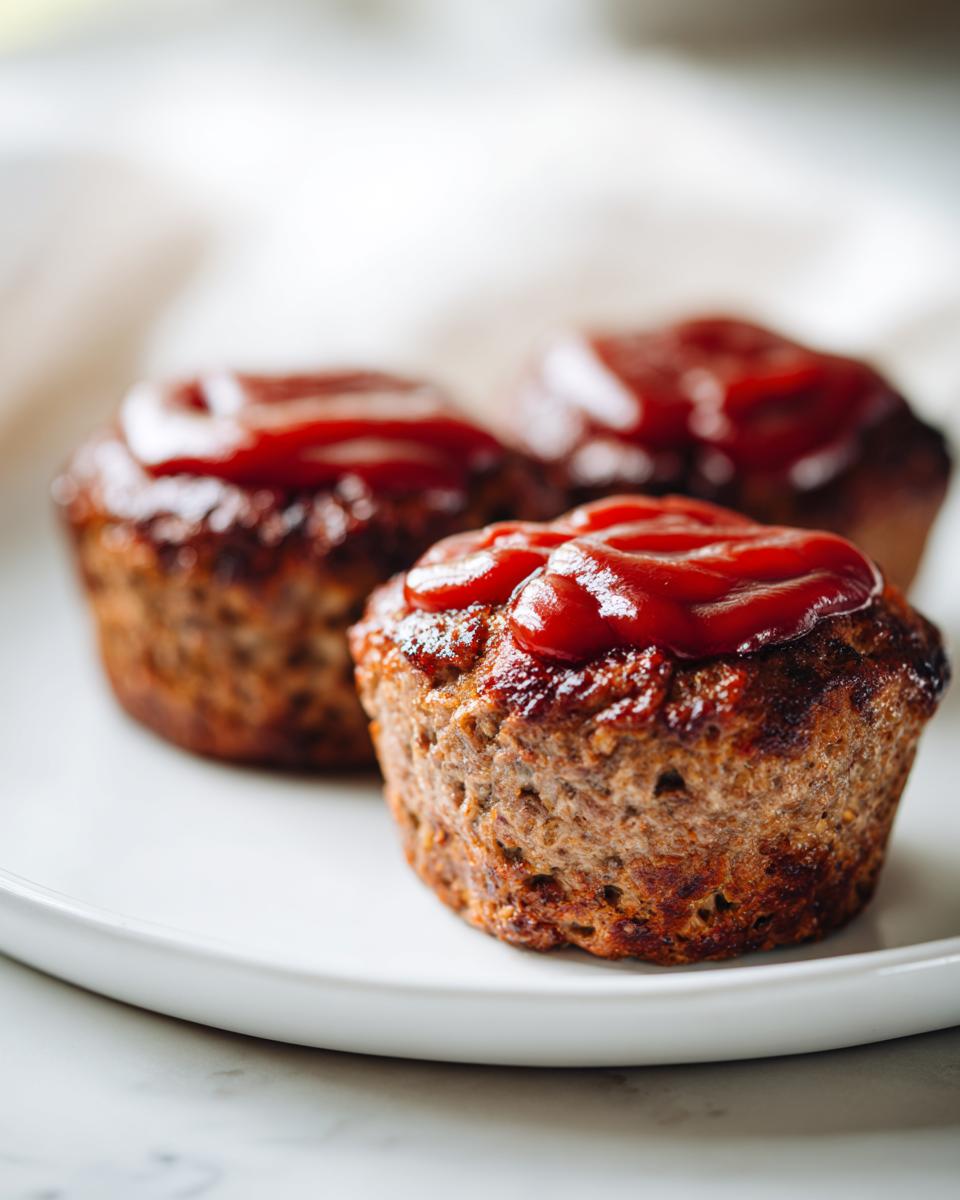 Close-up of three perfectly baked mini meatloaf portions topped with a dollop of bright red ketchup.