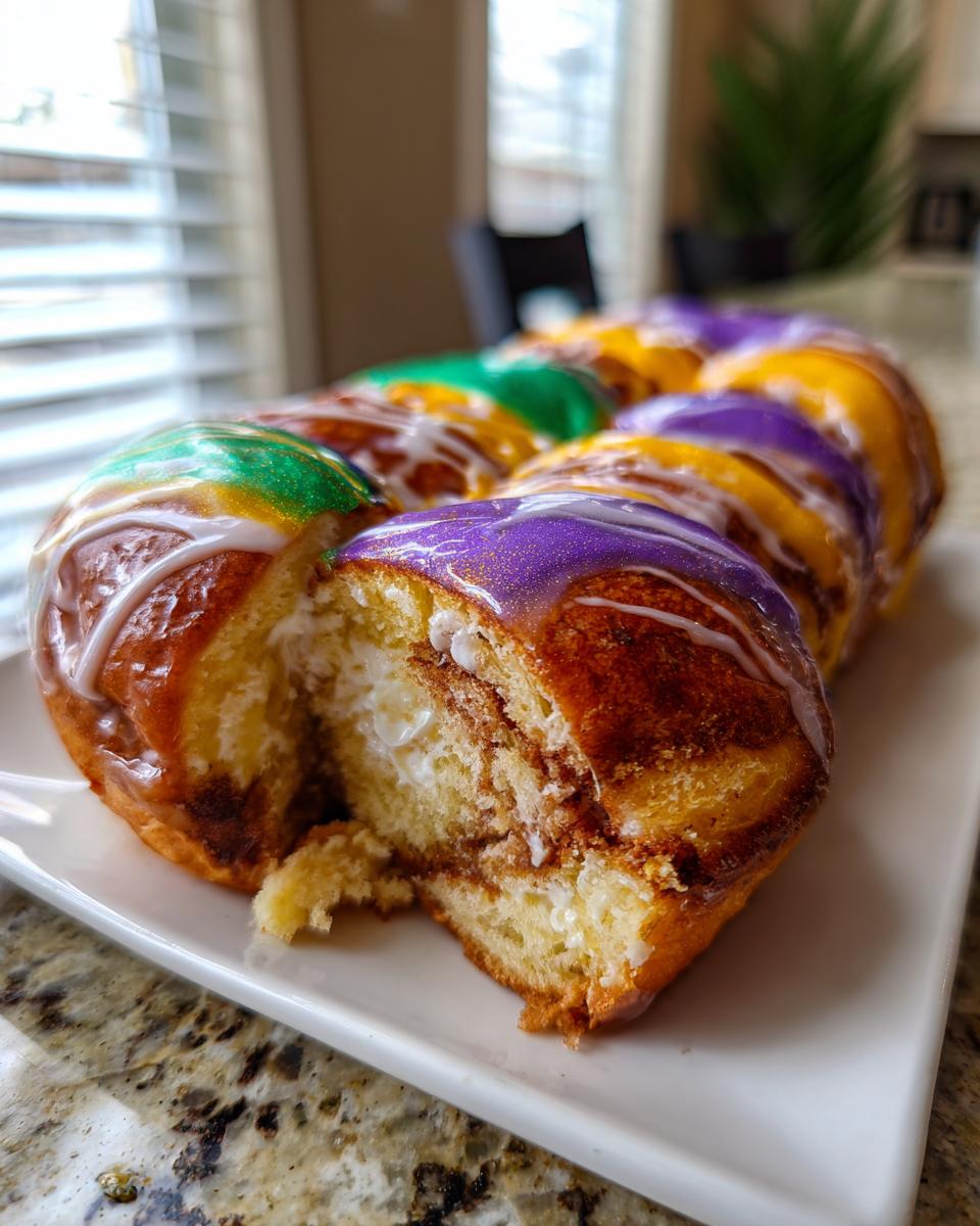 A slice cut from a vibrant, glazed king cake showing the soft interior and cream cheese filling.