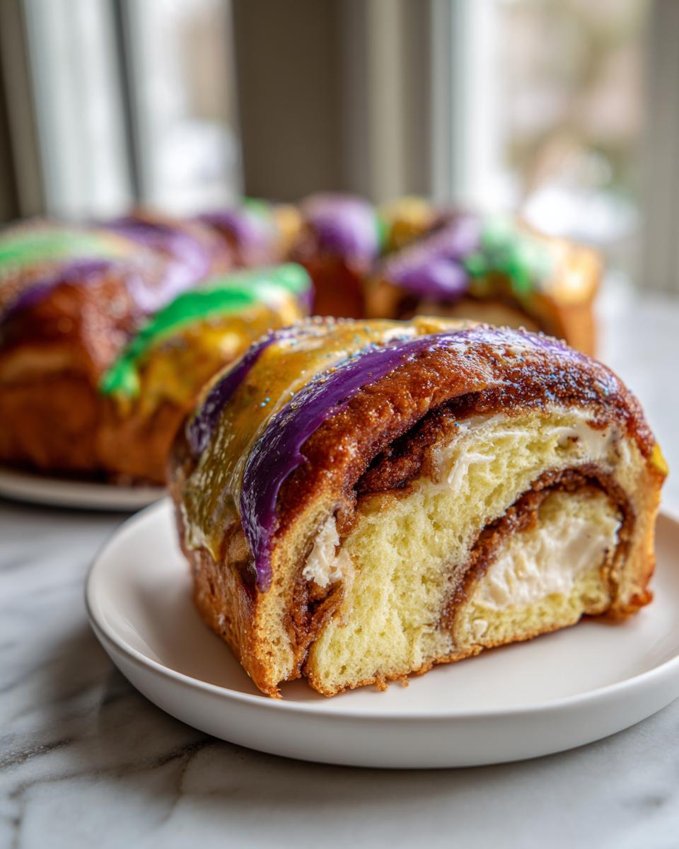 A close-up slice of cream cheese king cake showing the swirl filling and purple, green, and gold icing.