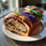 Close-up of a slice of cream cheese swirl king cake showing the layers and colorful Mardi Gras icing.