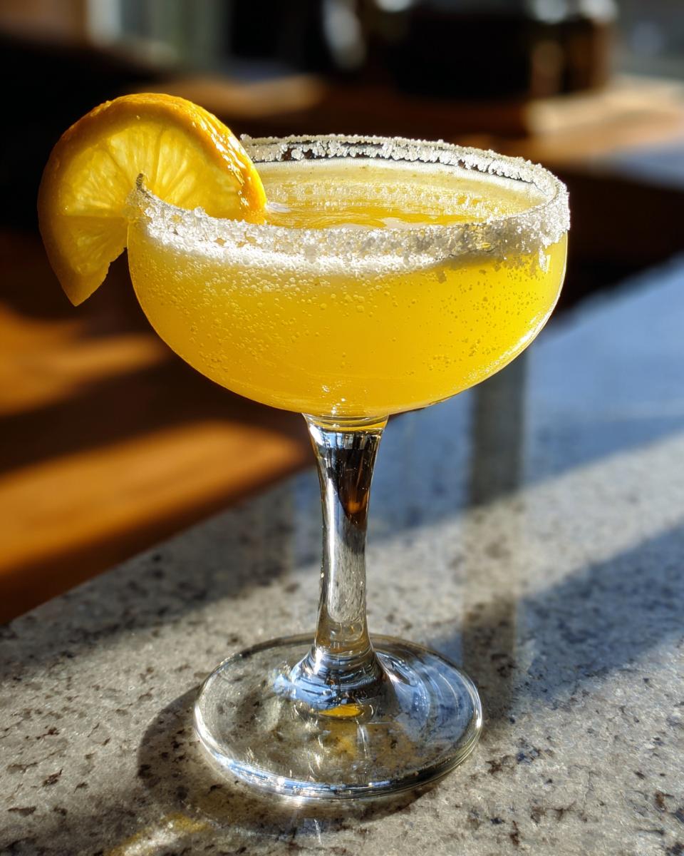 A bright yellow lemon drop martini in a coupe glass with a thick sugar rim and an orange slice garnish.