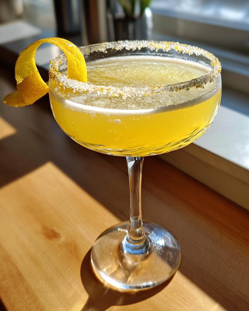 A bright yellow lemon drop martini in a coupe glass with a sugar rim and lemon twist garnish.