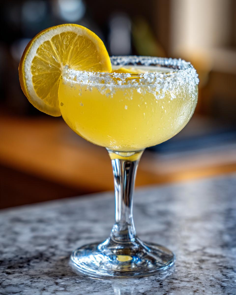 A vibrant yellow lemon drop martini in a stemmed glass with a thick sugar rim and a fresh lemon slice garnish.
