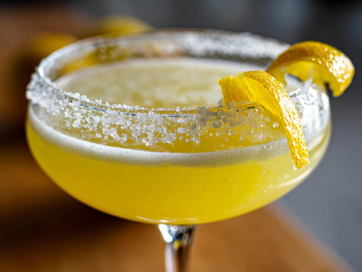 Close-up of a bright yellow lemon drop martini in a coupe glass with a heavily sugared rim and lemon twist garnish.