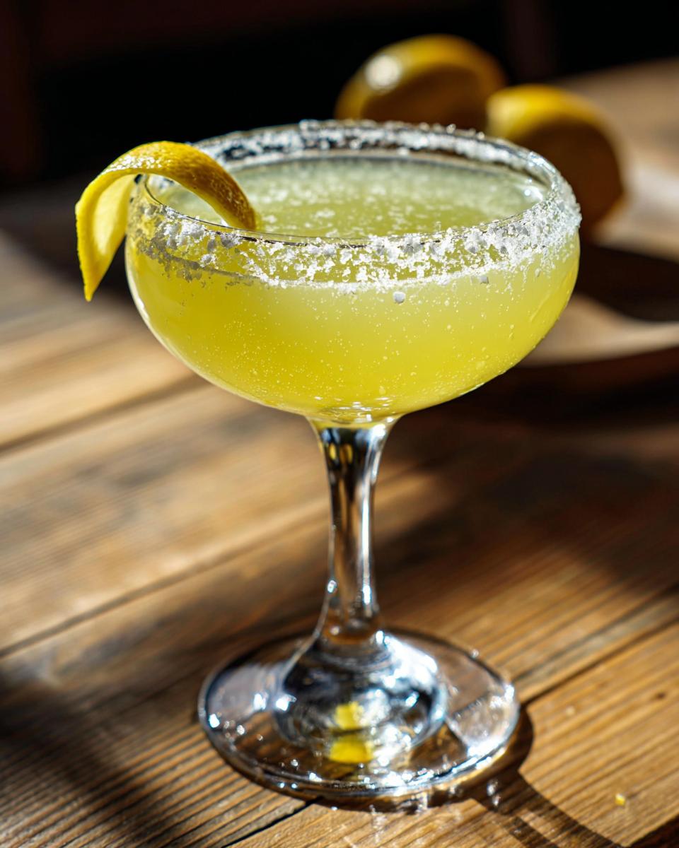 A bright yellow lemon drop martini in a coupe glass with a sugared rim and lemon twist garnish.