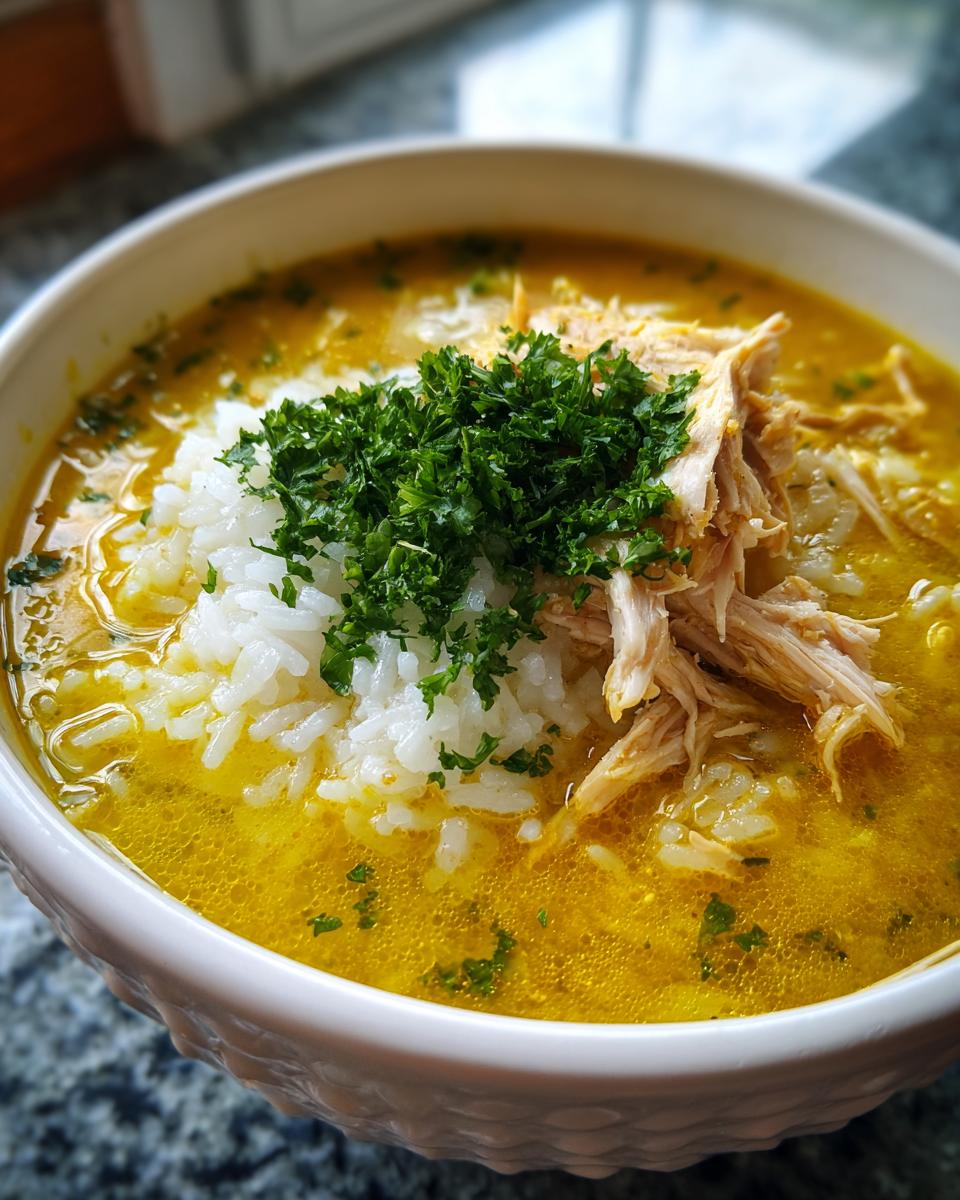 Close-up of a white bowl filled with vibrant yellow Lemon Ginger Turmeric Chicken and Rice Soup, topped with shredded chicken, white rice, and fresh parsley.