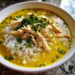 Close-up of a white bowl filled with vibrant yellow Lemon Ginger Turmeric Chicken and Rice Soup, topped with shredded chicken and fresh parsley.