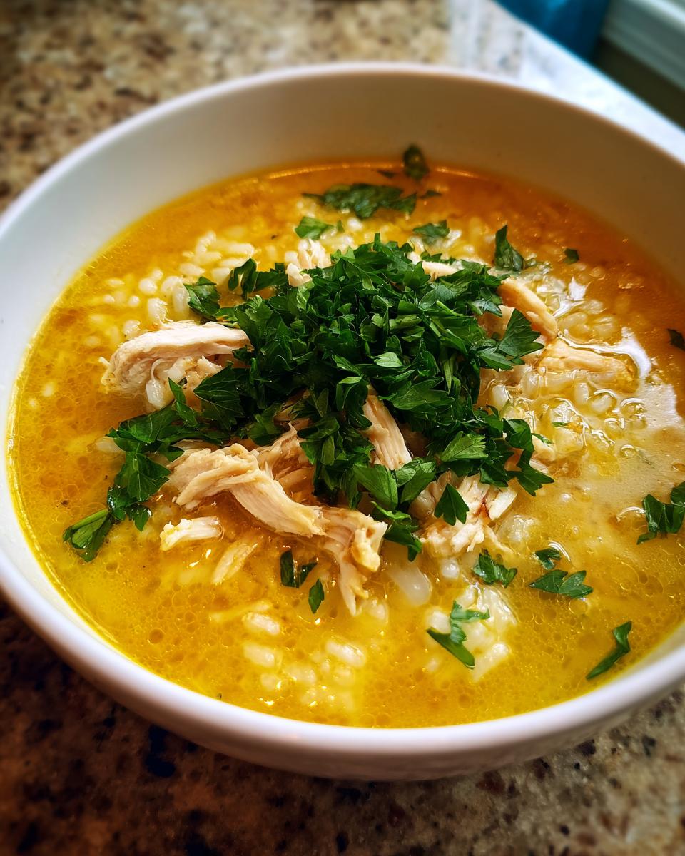 Close-up of a white bowl filled with vibrant yellow Lemon Ginger Turmeric Chicken and Rice Soup, topped with shredded chicken and fresh parsley.