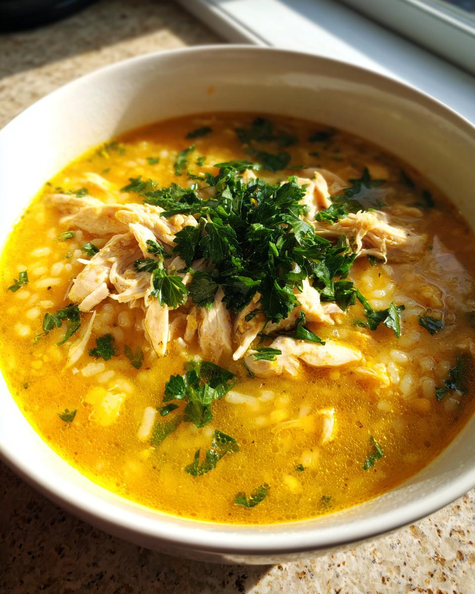 Close-up of a bowl of vibrant yellow Lemon Ginger Turmeric Chicken and Rice Soup topped with shredded chicken and fresh parsley.