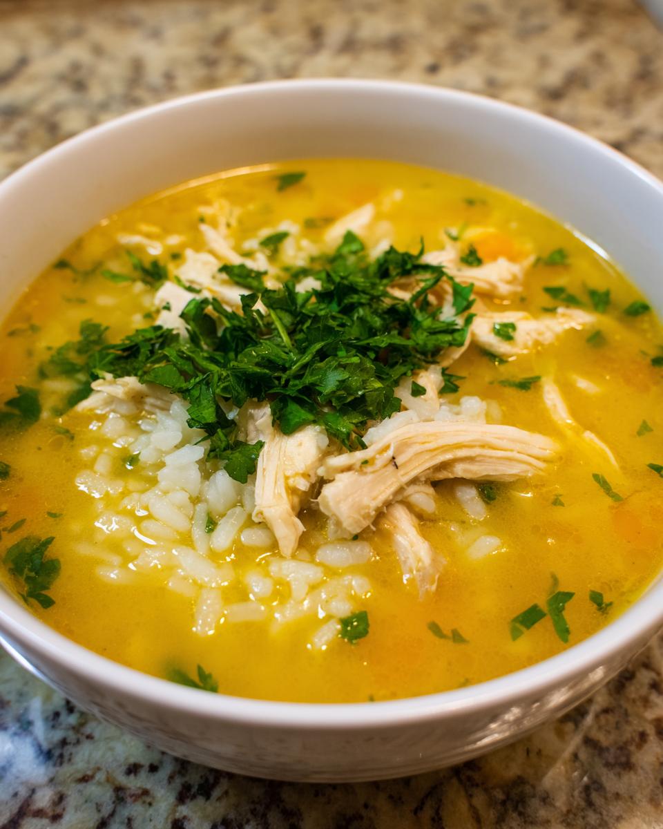 Close-up of a white bowl filled with bright yellow Lemon Ginger Turmeric Chicken and Rice Soup, topped with shredded chicken, white rice, and fresh parsley.