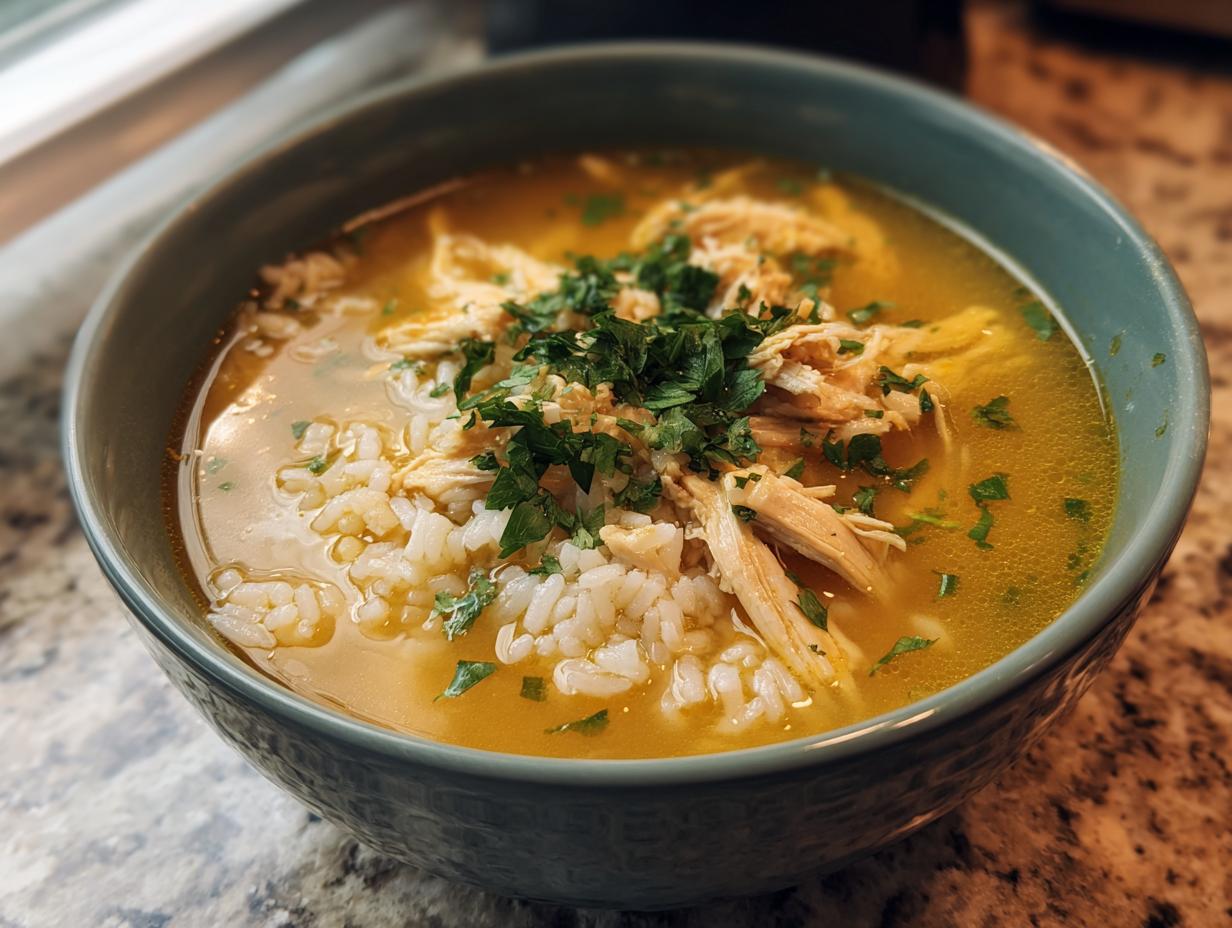 Close-up of a bowl of vibrant yellow Lemon Ginger Turmeric Chicken and Rice Soup topped with shredded chicken, rice, and fresh parsley.