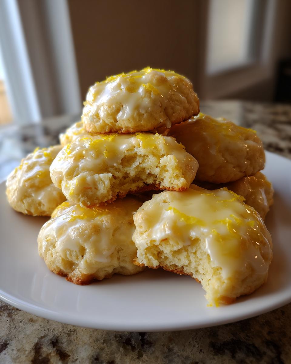 A stack of soft, glazed ricotta cookies topped with bright yellow lemon zest, one cookie is bitten.