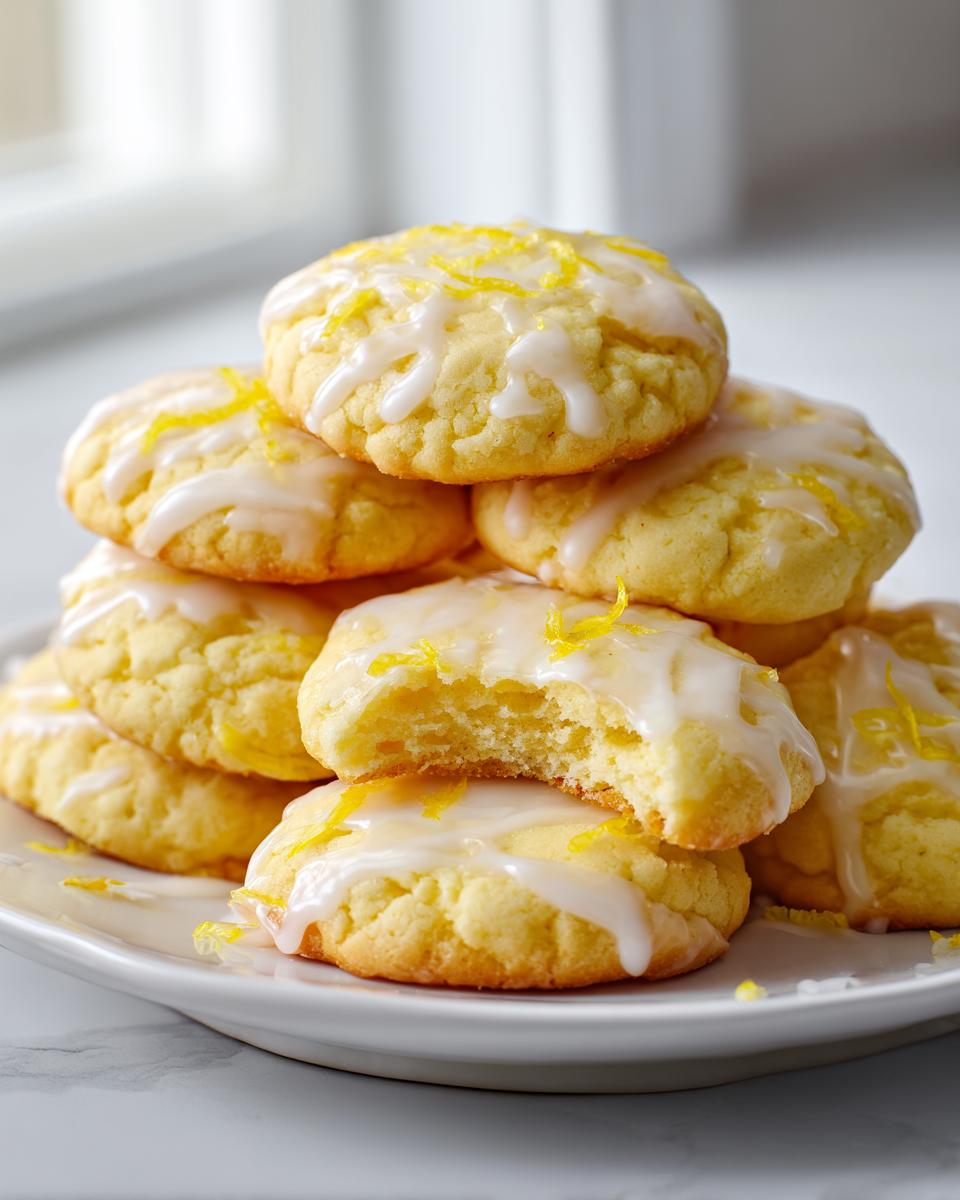 A tall stack of soft, yellow ricotta cookies topped with white glaze and bright lemon zest.