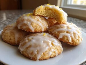 A stack of soft, glazed ricotta cookies topped with bright yellow lemon zest.