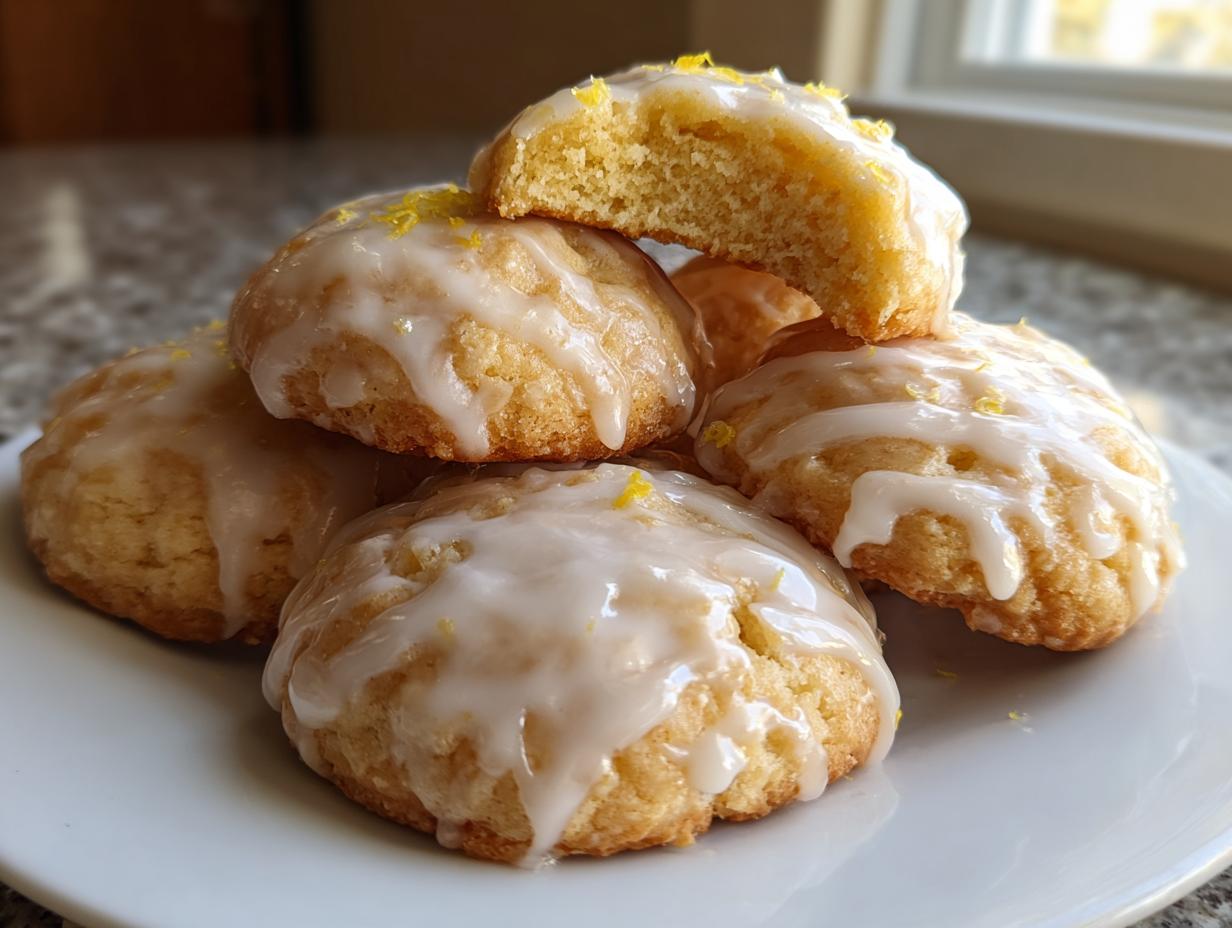 A stack of soft, glazed ricotta cookies topped with bright yellow lemon zest.