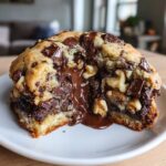 Cross-section of a giant levain bakery chocolate chip cookie showing molten chocolate and walnuts inside.