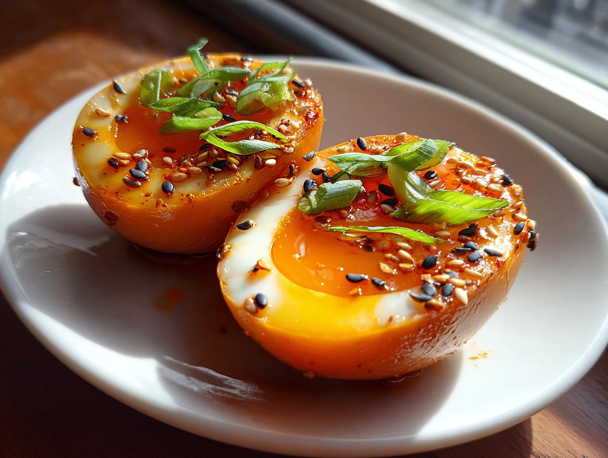 Two halves of glossy, orange-tinted marinated eggs with runny yolks, topped with sesame seeds and green onions.