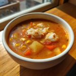 Close-up of a white bowl filled with rich, orange-red maryland crab soup, topped with large chunks of white crab meat, corn, and potatoes.