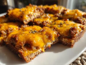 Close-up of several pieces of hanky panky recipe appetizer topped with melted orange cheddar cheese and herbs.