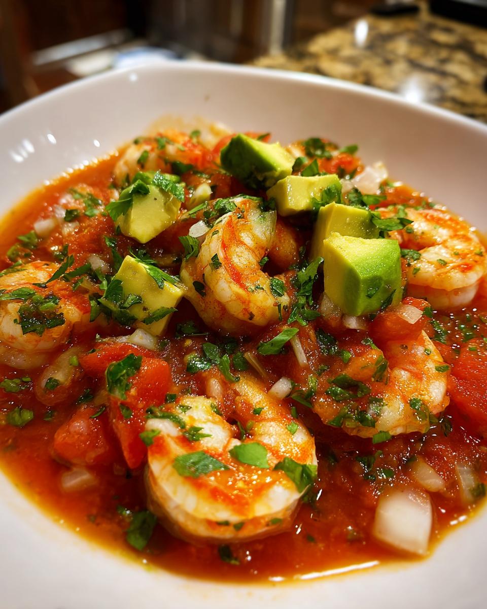 Close-up of plump shrimp served in a rich tomato sauce with diced onions, cilantro, and topped with chunks of fresh avocado, a perfect mexican shrimp cocktail.