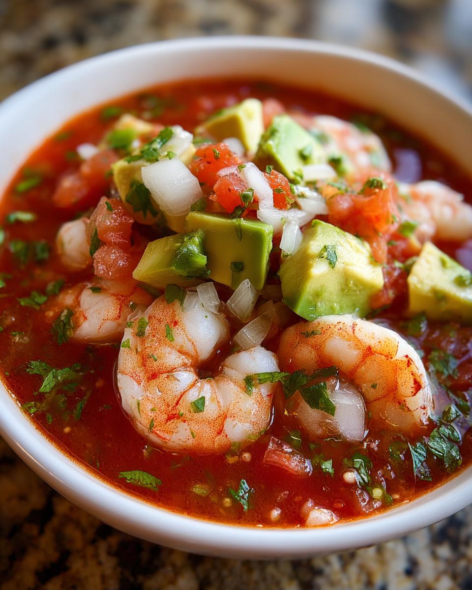 Close-up of a white bowl filled with vibrant mexican shrimp cocktail, featuring plump shrimp, avocado chunks, onion, and tomato in a red sauce.