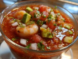 Close-up of a vibrant mexican shrimp cocktail served in a glass, featuring plump shrimp, diced avocado, tomato, and onion in a rich red sauce.