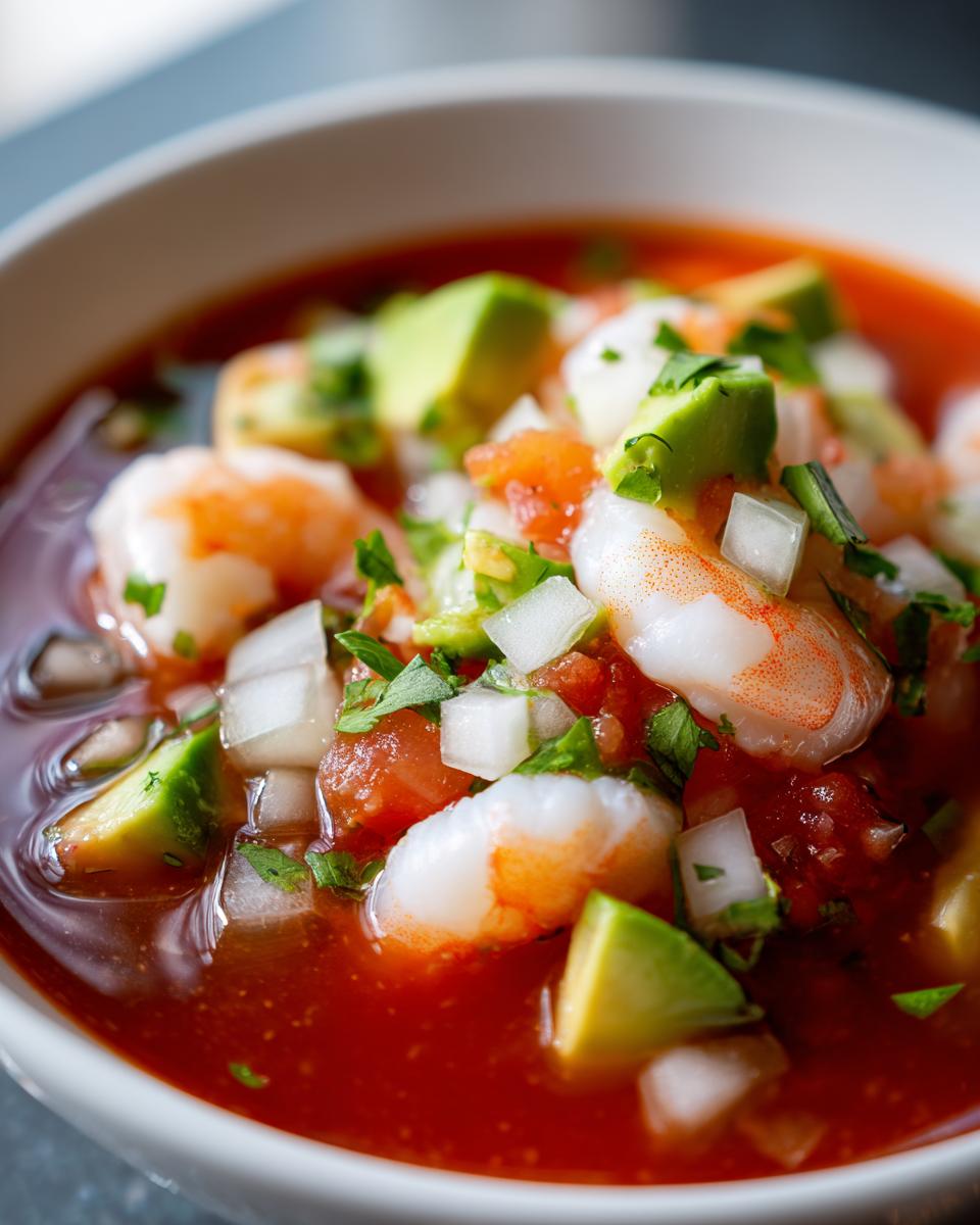 Close-up of a white bowl filled with vibrant mexican shrimp cocktail, featuring plump shrimp, avocado chunks, onion, and tomato in a rich red broth.
