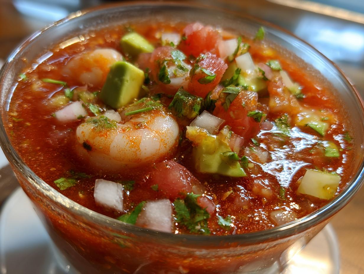 Close-up of a vibrant mexican shrimp cocktail served in a glass, featuring plump shrimp, diced avocado, tomato, and onion in a rich red sauce.