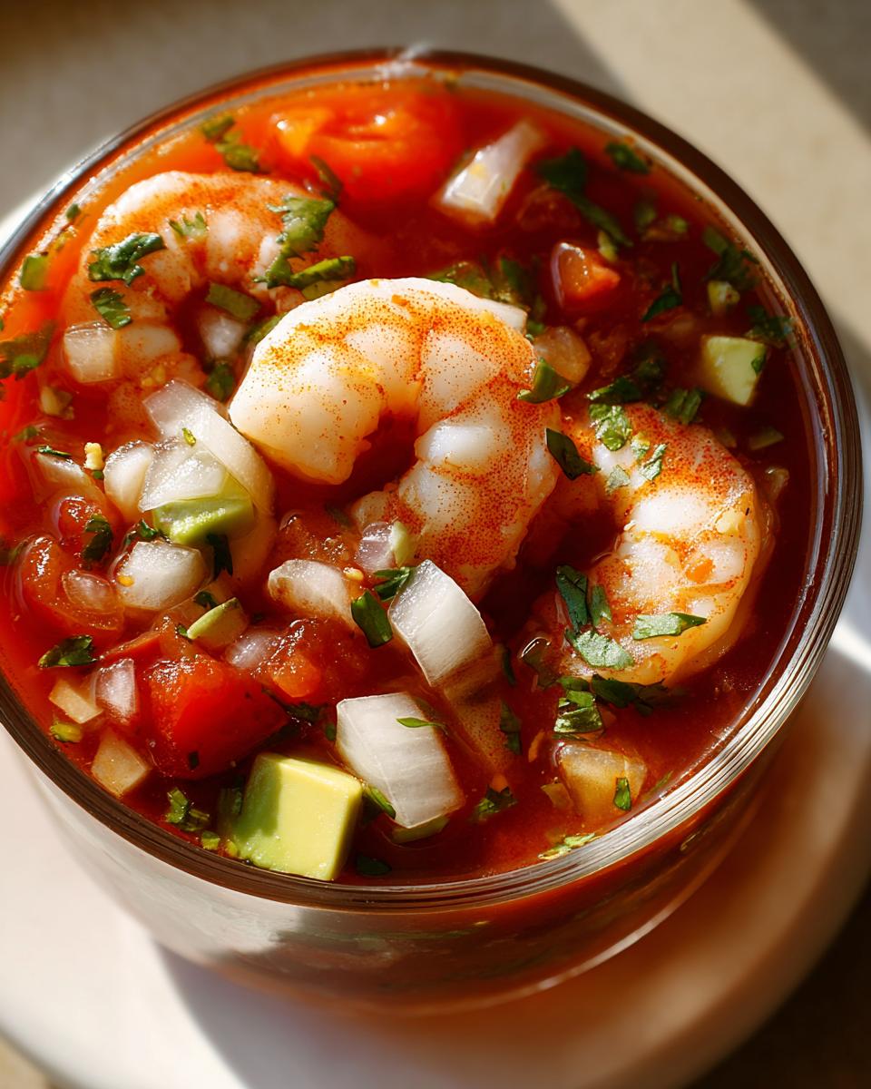 Close-up overhead shot of a vibrant mexican shrimp cocktail served in a glass with large shrimp, diced avocado, onion, and cilantro.