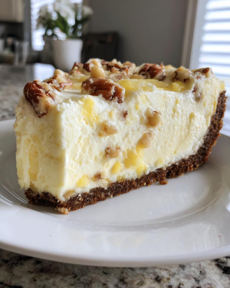 A thick slice of creamy Million Dollar Pie with a dark crust, topped with pecans and visible pineapple chunks.