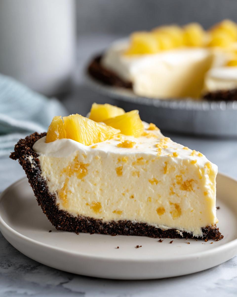 A close-up of a slice of rich Million Dollar Pie with a dark chocolate crust, creamy filling, and pineapple chunks.
