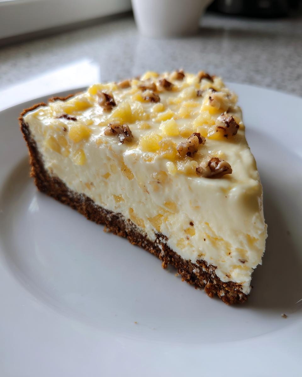 A generous slice of creamy Million Dollar Pie with a dark crust, topped with pineapple chunks and chopped walnuts.