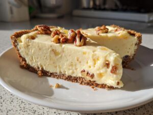 Two thick slices of creamy, no-bake Million Dollar Pie with a graham cracker crust, topped with pecans.