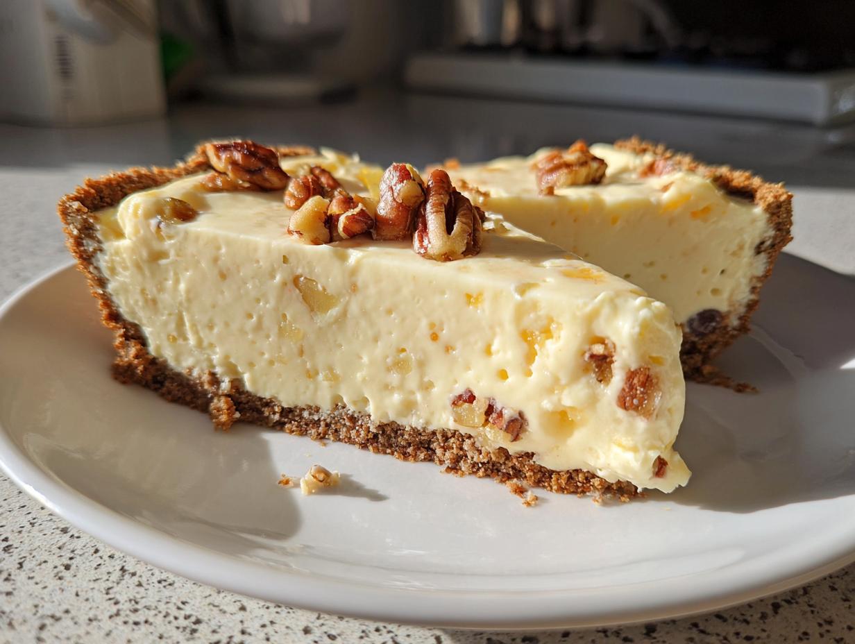 Two thick slices of creamy, no-bake Million Dollar Pie with a graham cracker crust, topped with pecans.