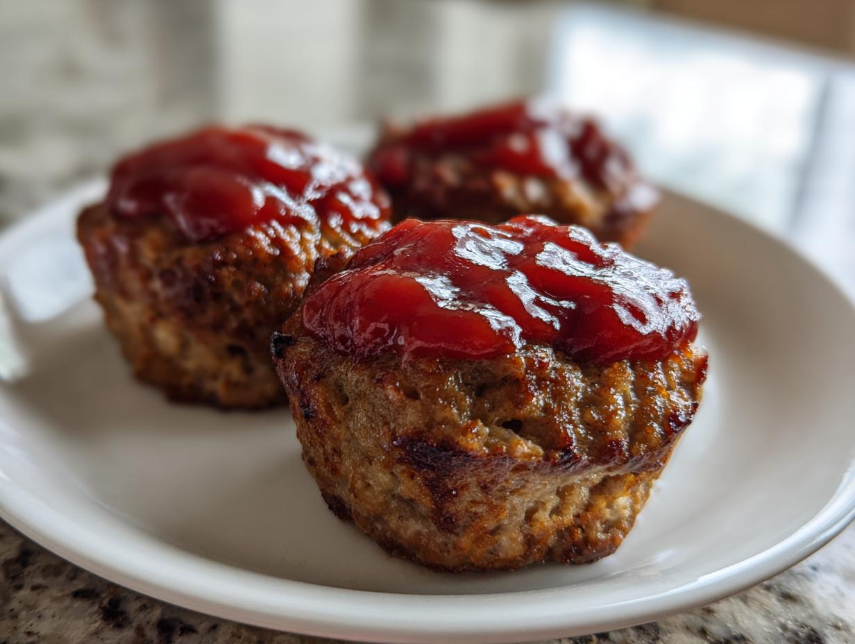 Three perfectly baked mini meatloaf portions topped with a shiny red ketchup glaze, served on a white plate.