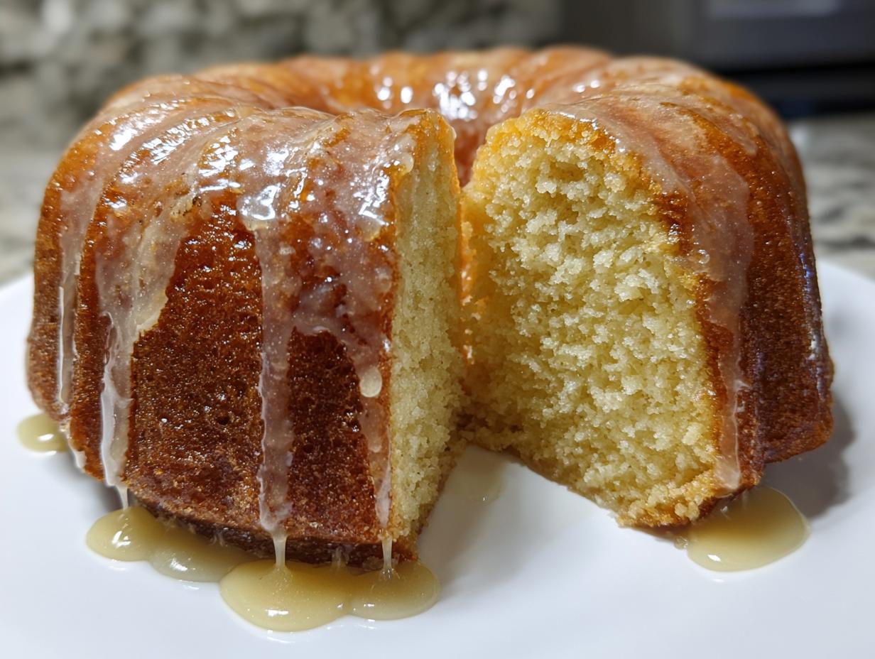 Close-up of a moist Bacardi rum cake with a thick, shiny glaze dripping down the sides onto a white plate.