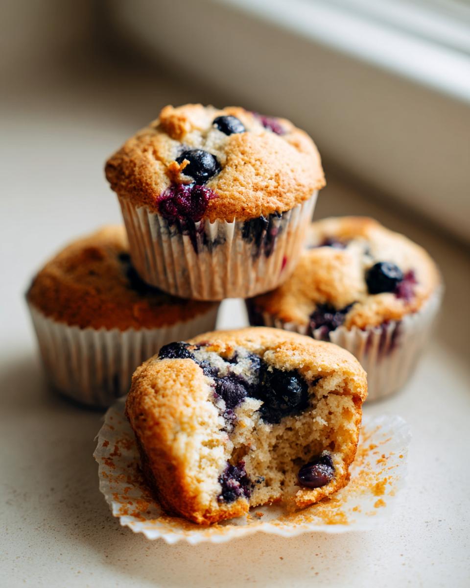 Close-up of moist blueberry protein muffins, one partially eaten to show the soft interior.