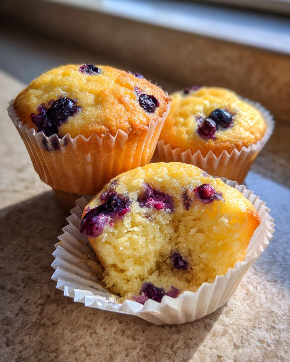 Close-up of moist blueberry protein muffins, one is broken open showing the yellow crumb texture.