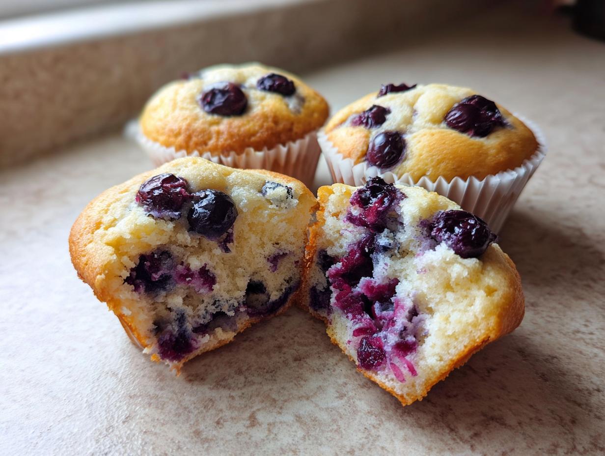 Close-up of a blueberry protein muffin split in half showing the moist interior packed with blueberries.