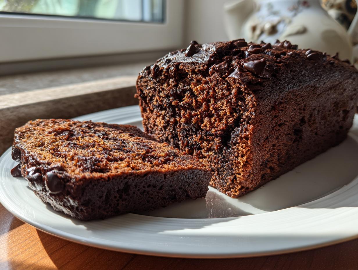 A moist chocolate bread loaf, partially sliced, topped with melted chocolate chips, sitting on a white plate.