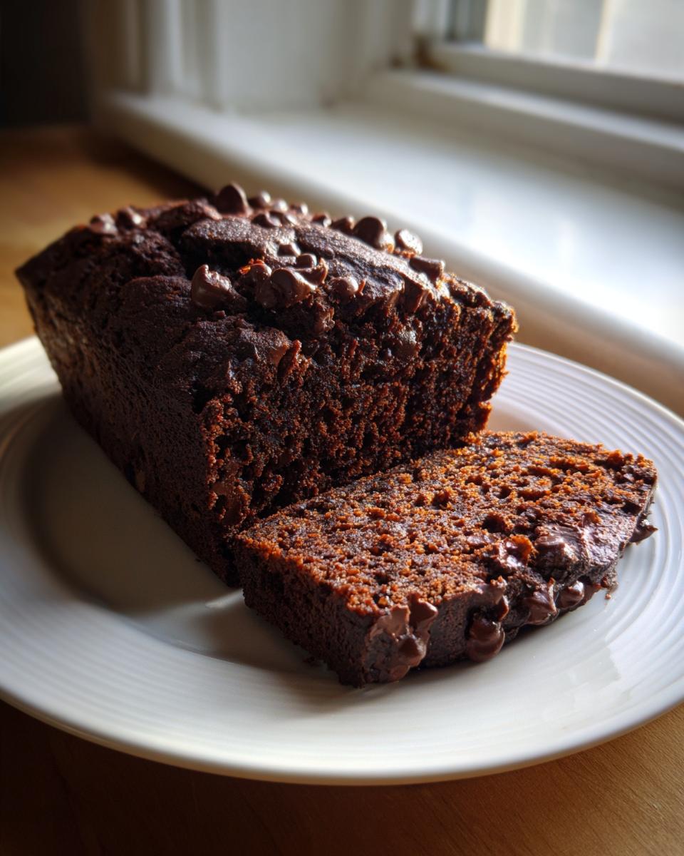A sliced loaf of moist chocolate bread topped with melted chocolate chips, sitting on a white plate.