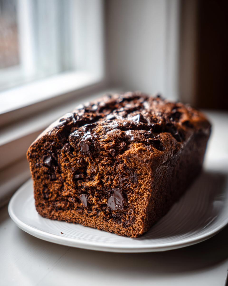 A freshly baked, moist chocolate bread loaf studded with chocolate chips, resting on a white plate by a window.